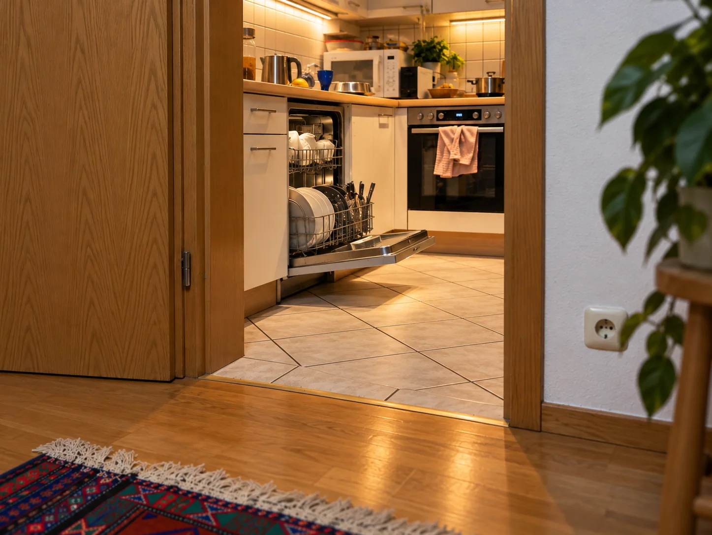 An open dishwasher loaded with dishes in a warmly lit kitchen, seen through a wooden doorway